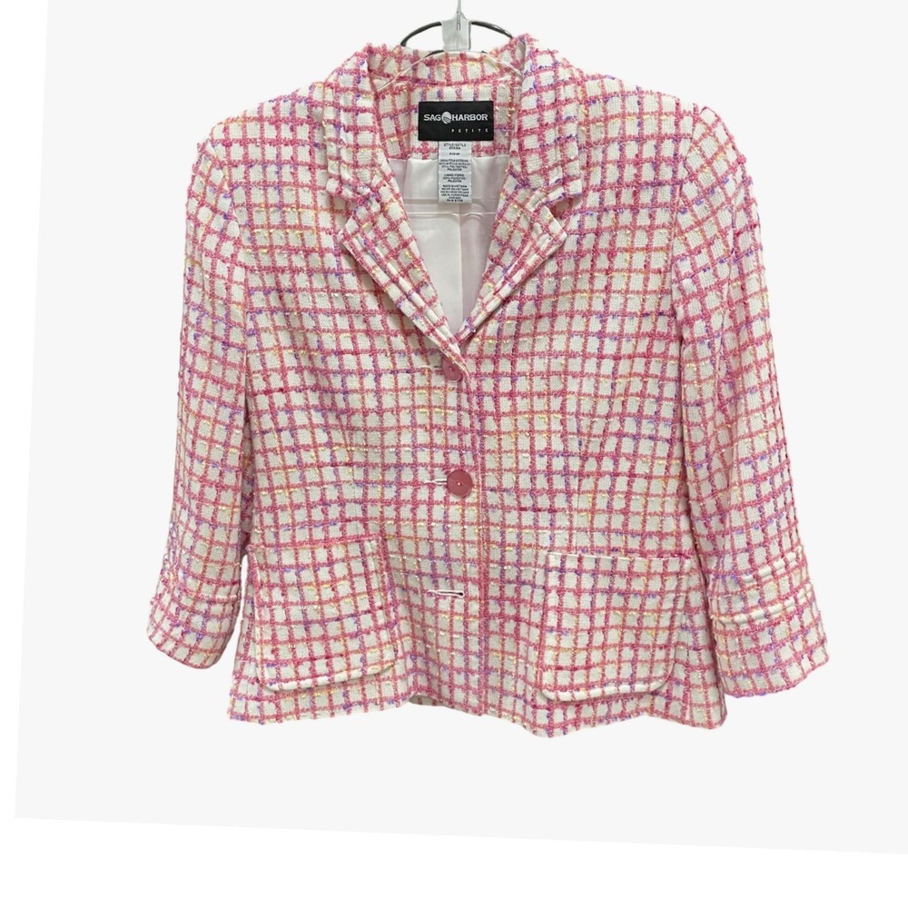 Sag Harbor Petite Pink Purple Plaid Tweed Blazer Jacket Metallic Accents 6P Chic